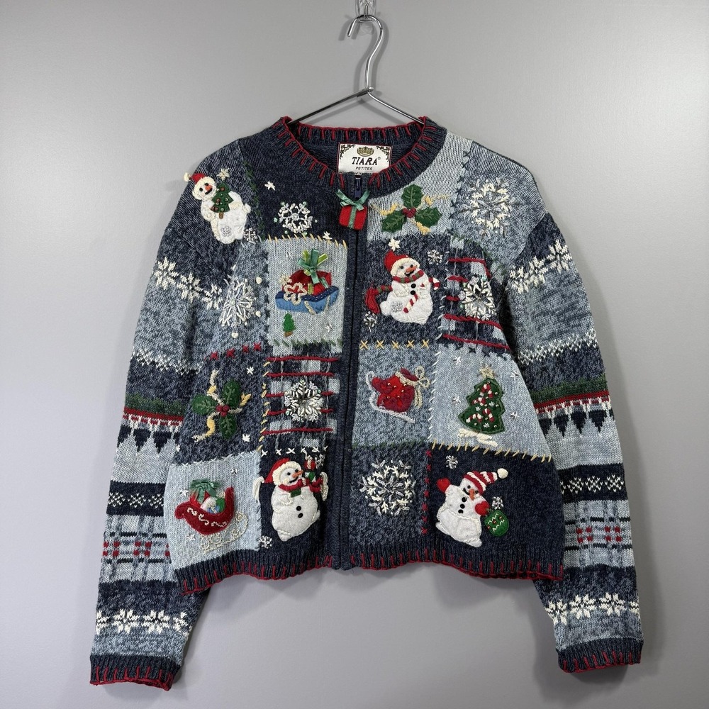 Vintage Tiara Sweater Womens PXL Blue Snowman Christmas Zip Cardigan Knit